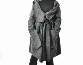 Gray 100% wool coat/Casual coat/Extravagant dark gray wool coat/Winter hooded coat/Asymmetrical coat/Coat with pocket/Handmade coatC1357