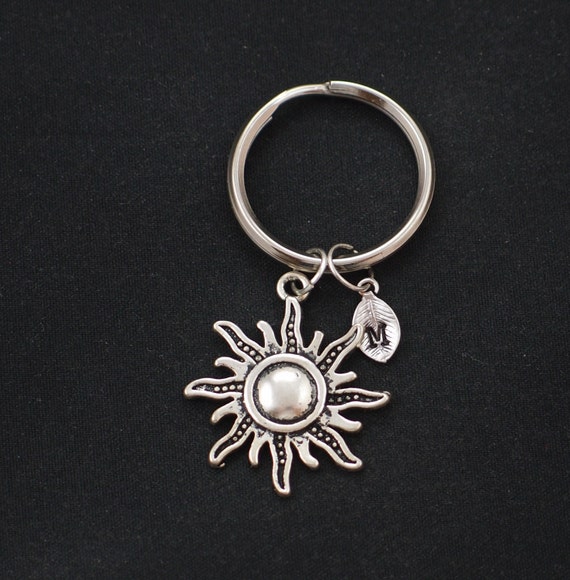 sun keychain initial keychain silver sun charm keyring