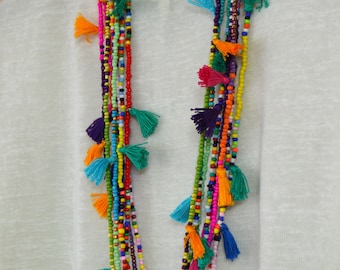 Long tassel necklace Hot pink tassel necklace Beaded necklace with tassels Seed bead tassel necklace Boho chic jewelry Tribal necklace Ibiza