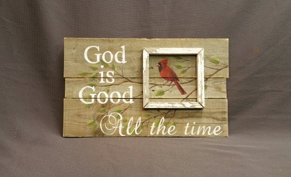 Pallet wall Decor, Hand painted cardinal with tree branch, barnwood,  Rustic upcycled, "God is Good"