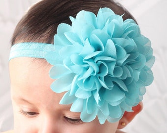 Turquoise flower headband- large flower headband- baby headband- infant headband- girls headband- chiffon flower headband- stretchy hairband