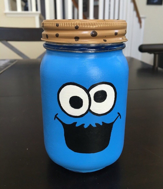 Cookie Monster inspired hand painted mason jar piggy bank
