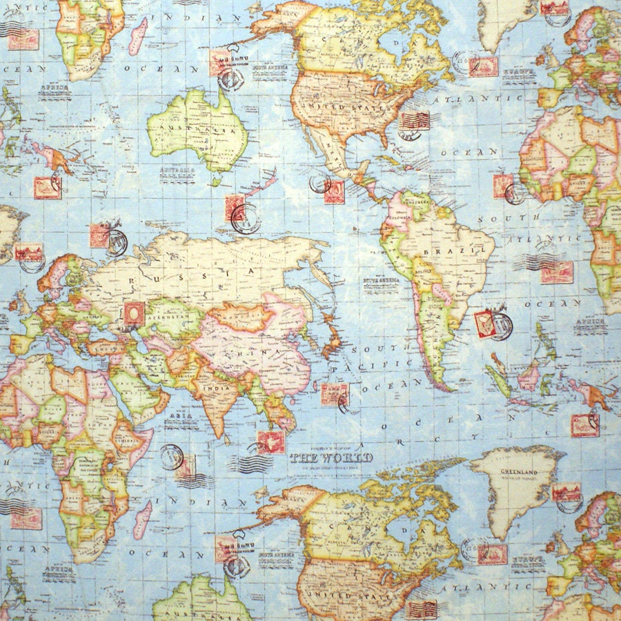 Atlas World Map Blue Travel Upholstery Weight Cotton Fabric