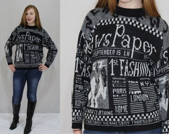 Vintage 80s Black White Novelty Fashion Newspaper Print Sweater Jumper S M
