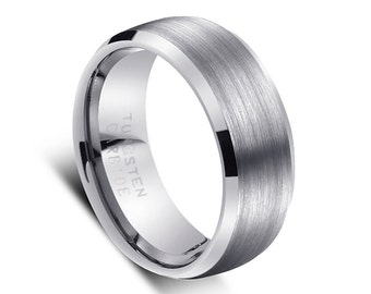 8 MM High Polish Tungsten Wedding Band Ring in Comfort Fit With Domed Brushed Bevel Edge Finish. Free Laser Engraving Included.