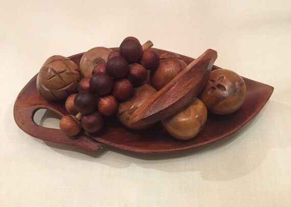 Mid Century Wooden Fruits and Bowl / Vintage Wood Sculpture