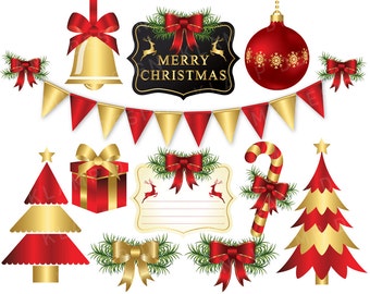Christmas Clipart, Red and Gold Christmas Clip art, Christmas Digital Clipart, Christmas Ornament, Holiday Clipart, Christams Tree Clipart