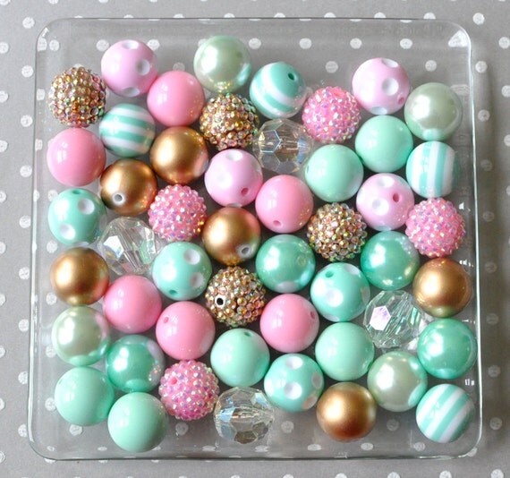 Mint Pink and Gold chunky beads wholesale Bubblegum beads