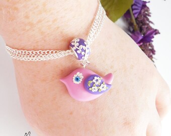 Twitter Bird Charm Bracelet, Polymer Clay Bird, Pandora Charm, Spring Bird, Bird Necklace, Bird Jewelry, Pink Jewelry, Bangle Bracelet
