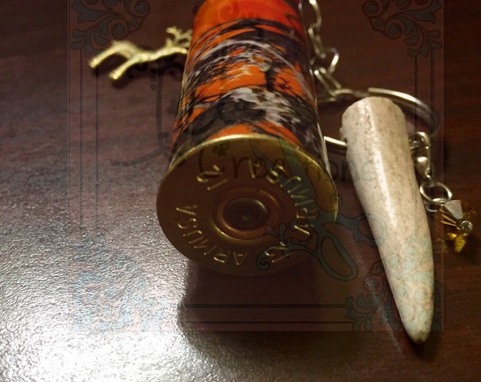 Orange camo 12 gauge shotgun shell keychain with REAL antler tip