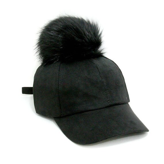 Black Pom Pom Suede Baseball Cap