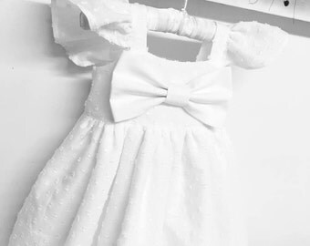 Swiss dot flutter sleeve newborn baptism dress,Girls dedication gown,Flower girls white dresses, baby girls christening gown, baby girl gown