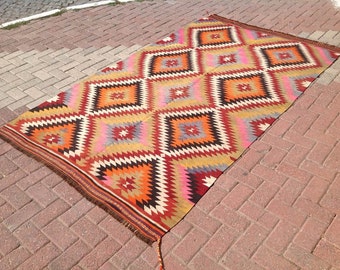 Diamond design Kilim rug, 104'' x 61'' Vintage Turkish rug, rugs, area rug, vintage rug, bohemian rug, eccentric rug, anatolian rug, rug,