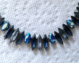 Vintage Regency Jewels, 1950's Blue Sapphire and Aurora Borealis Rhinestone Necklace