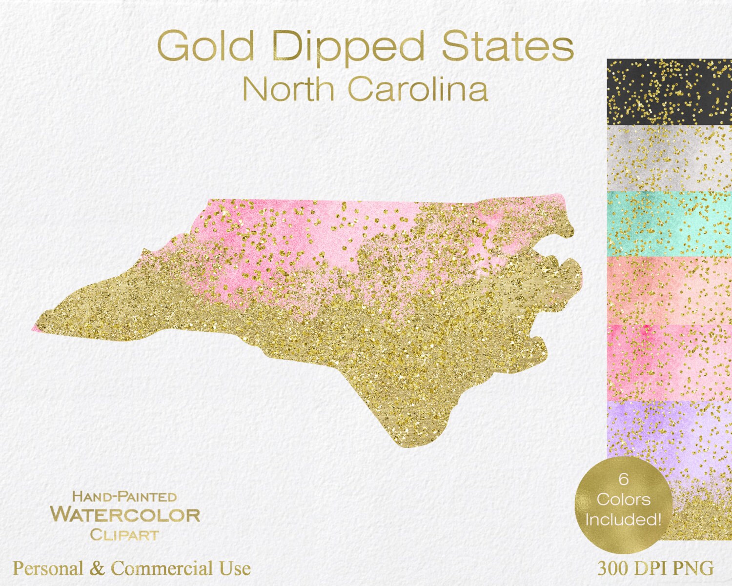 WATERCOLOR & GOLD North Carolina Clipart Commercial Use