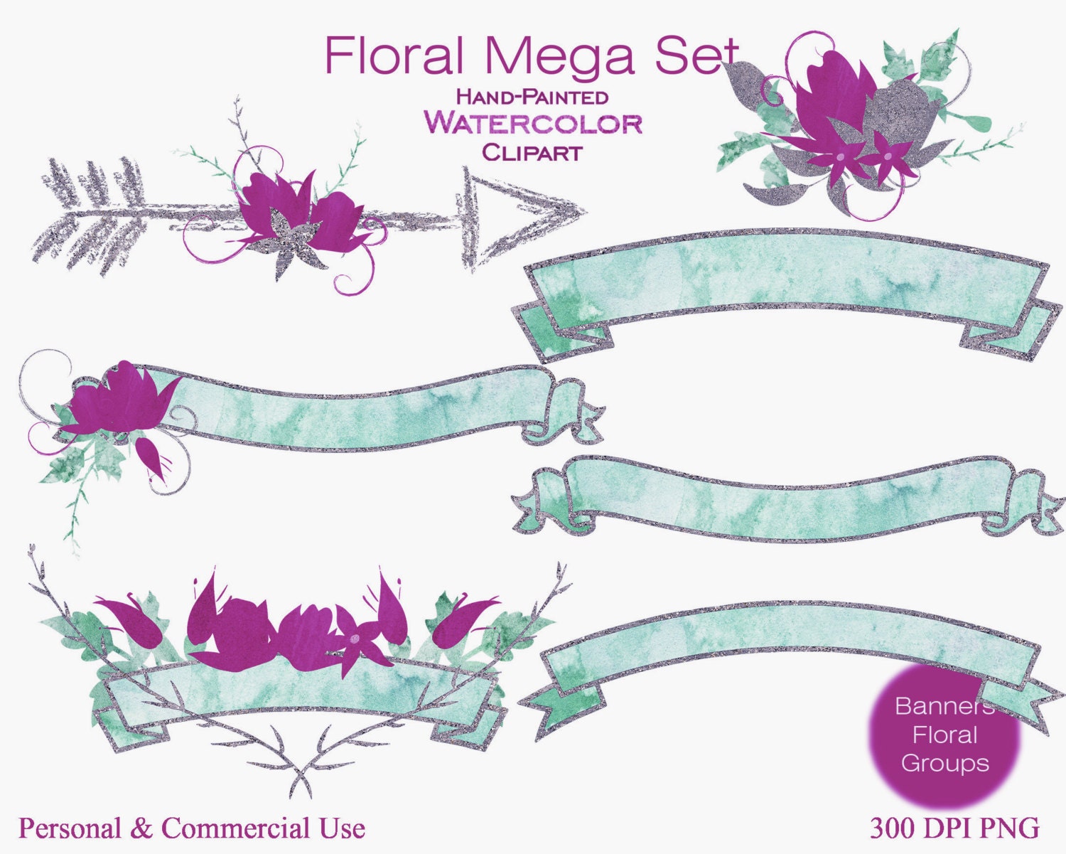 WATERCOLOR FLORAL WREATH Clipart Commercial Use Clip Art ...
