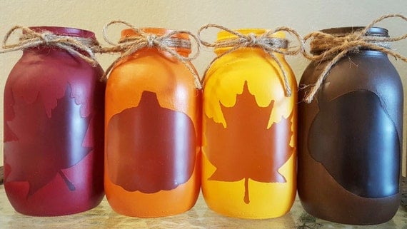 Red, Orange, Yellow and Brown Fall Leaf, Pumpkin and Acorn Mason Jar Lanterns