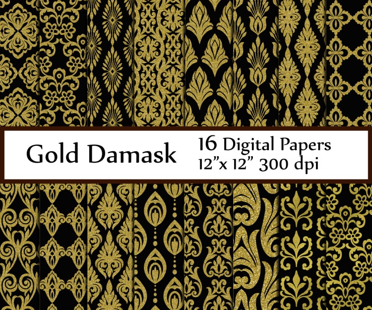 Black and Gold Digital Paper BLACK DAMASK PAPER by ChiliPapers
