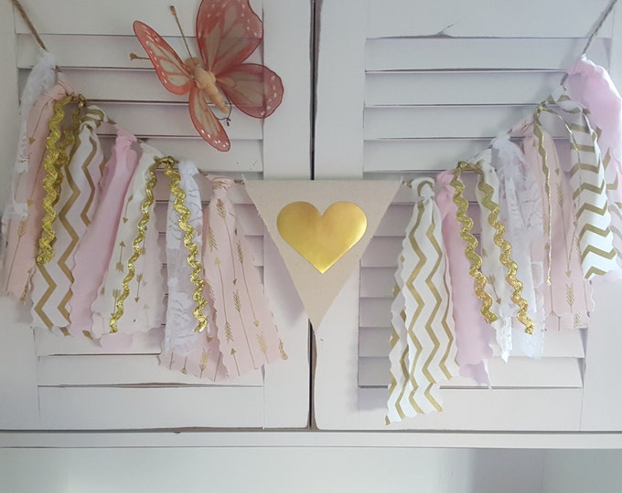 Blush Pink and Gold Banner, 1st Birthday party Decor Smash Cake Photo High Chair Banner Age on Canvas Flag Matching fabric tutu Room Decor