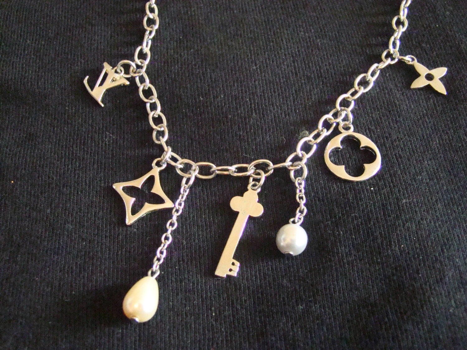 Vintage LV charm necklace silver tone pearl status designer