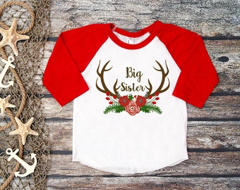 Big Sister Shirt;Big Sister;Christmas Announcement;Baby Announcement;Big Sister Tee;Antler Tee;Girl Antler Shirt;Sibling Shirt;Christmas Tee