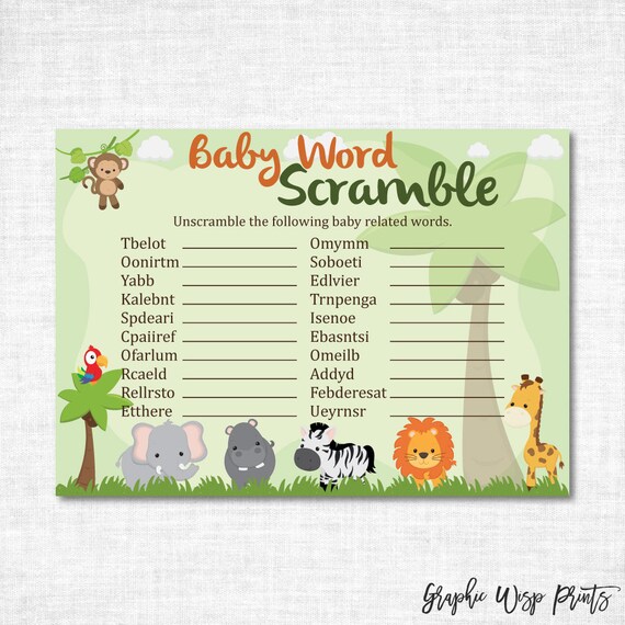 Safari Baby Shower Word Scramble Printable Card Safari Word