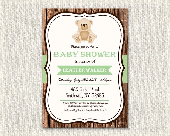 Baby shower invitation green teddy bear theme rustic wooden Baby Invite ...