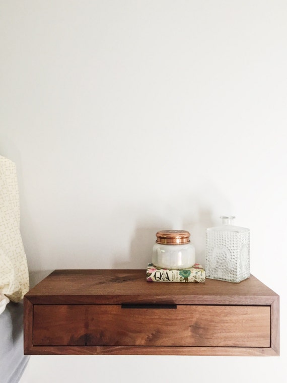 Modern Walnut Floating Nightstand w/ Metal Hinge Drawer