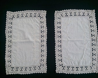 Set of 2 Needlework Doilies with Crochet Lace Edging. Rectangular Embroidered Doilies. Ivory Colour. RBT0188