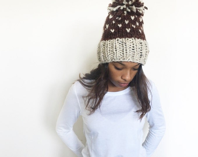 Fair Isle Knit Slouchy Beanie Hat With Large Pompom//THE TRAVELER//Sequoia and oatmeal