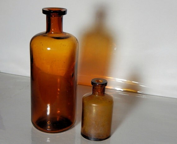 2 Vintage Amber Apothecary Bottles