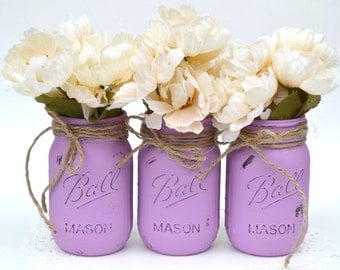 Painted Mason Jars, Purple Mason Jar, Painted Jars, Purple Centerpiece, Purple Dorm Decor, Distressed Jars, Mason Jar Decor, Spring Decor