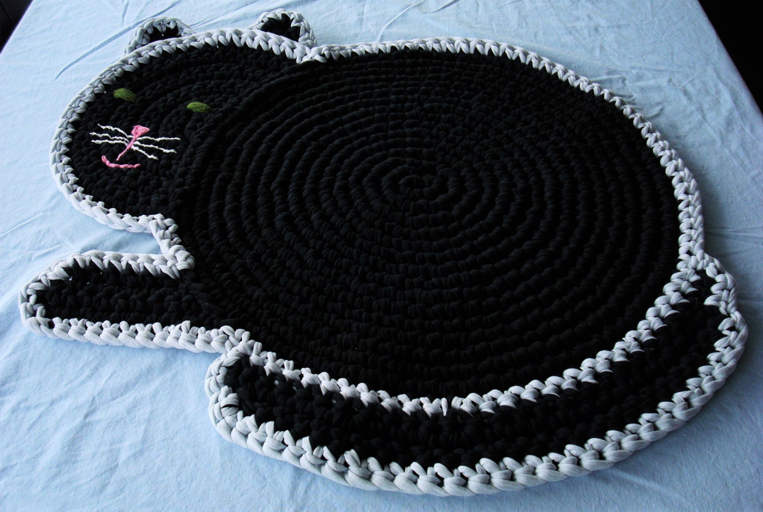 Crocheted Cat Rug Black and Grey Animal Floor Rug Handmade