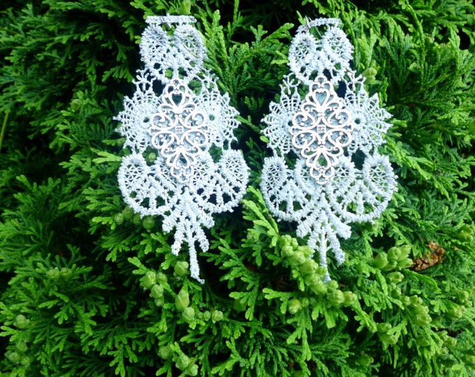 Large Gray Silver Filigree Lace Dangle Earrings Wedding Earrings Long Earrings Air Silver Statement Earrings Everyday jewelry Gift for her