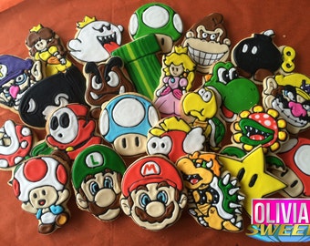NINTENDO INSPIRED Mario & Luigi Decorated Sugar Cookies - Set of 12 | Yoshi Birthday Party Video Game Princess Peach Daisy Goomba