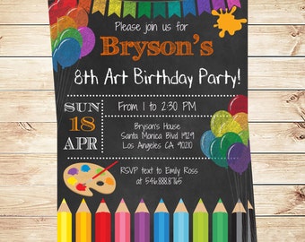 Art Party Invitations Printables Birthday Party invitations, Art Birthday Party Invite for Kids, Art Party Invitation Ideas Colorful
