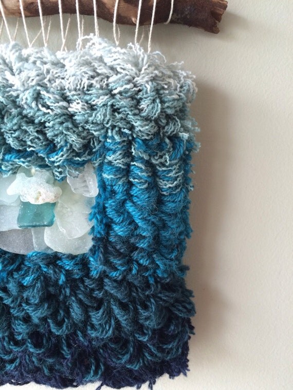 Teal ombré woven wall hanging with sea glass