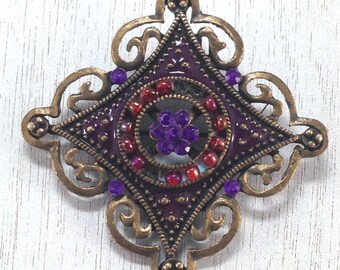 Stunning Estate Modern Enameled Purple Rhinestone Gold Tone Brooch