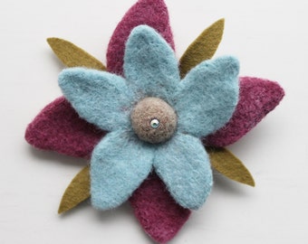 Needle Felted Flower Brooch with Swarovski Crystal- Wool Accessories- LittleMiniTitchy™ - UK