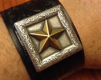 Leather Cuff with Star Concho; Leather Bracelet; Leather Wristband; Star Bracelet; Star Cuff; Western Cuff; Horse Cuff;