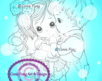 Digital Stamp, Digi Stamp, digistamp, First Kiss (2 files) by Conie Fong, valentines, love, Christmas, coloring page, boy, girl, children