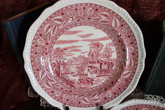 Set of 6 Salem China Dinner Plates Heirloom Red Transfer