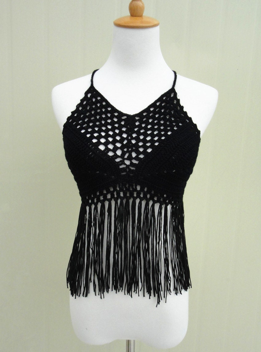 Black Fringe Crochet Halter Crop Top