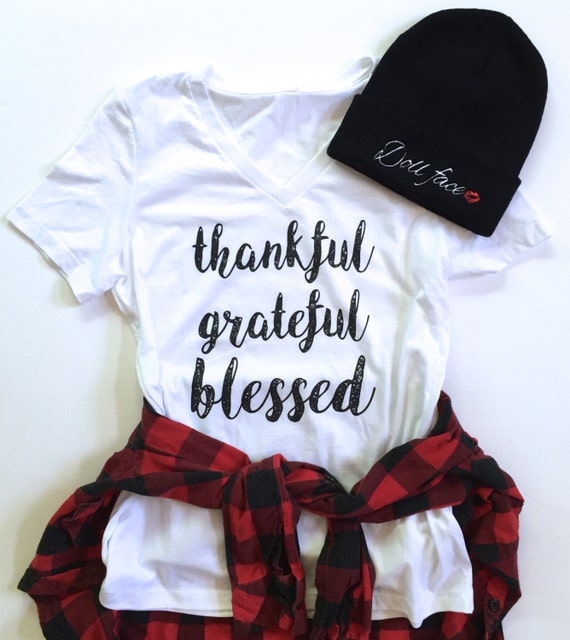 Thankful Grateful Blessed V-Neck Tee Relaxed Fit Womens