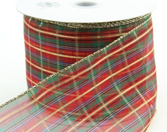 4" Wired Ribbon ~ Sheer Red, Green & Gold Plaid Christmas Ribbon ~ Tree Top Ribbon ~ Wide Ribbon ~ Wired Christmas Ribbon ~ 3 Yards