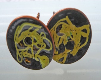 Vintage Copper Enamel Screw-Back Earrings -- Art Deco , Jewelry , Craft -- Gift Idea