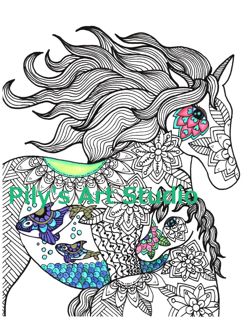 Download Instant Download PDF Horses Zentangle coloring page.