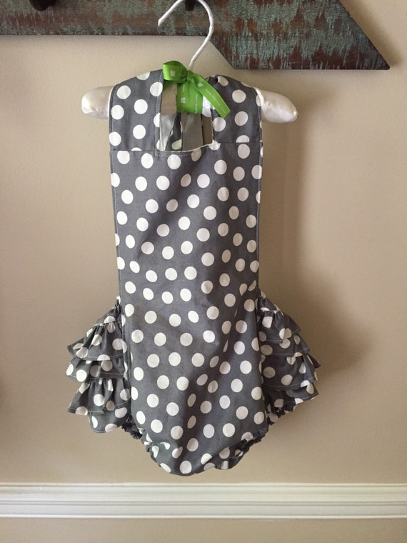 Items similar to Baby girl Ruffle Bubble Romper. Grey and white polka