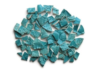 Mosaic Tiles- Plate Back Stamp- Teal color Pottery- Broken Plate- Raised Design- 60+ Pieces- Hand Cut- #120