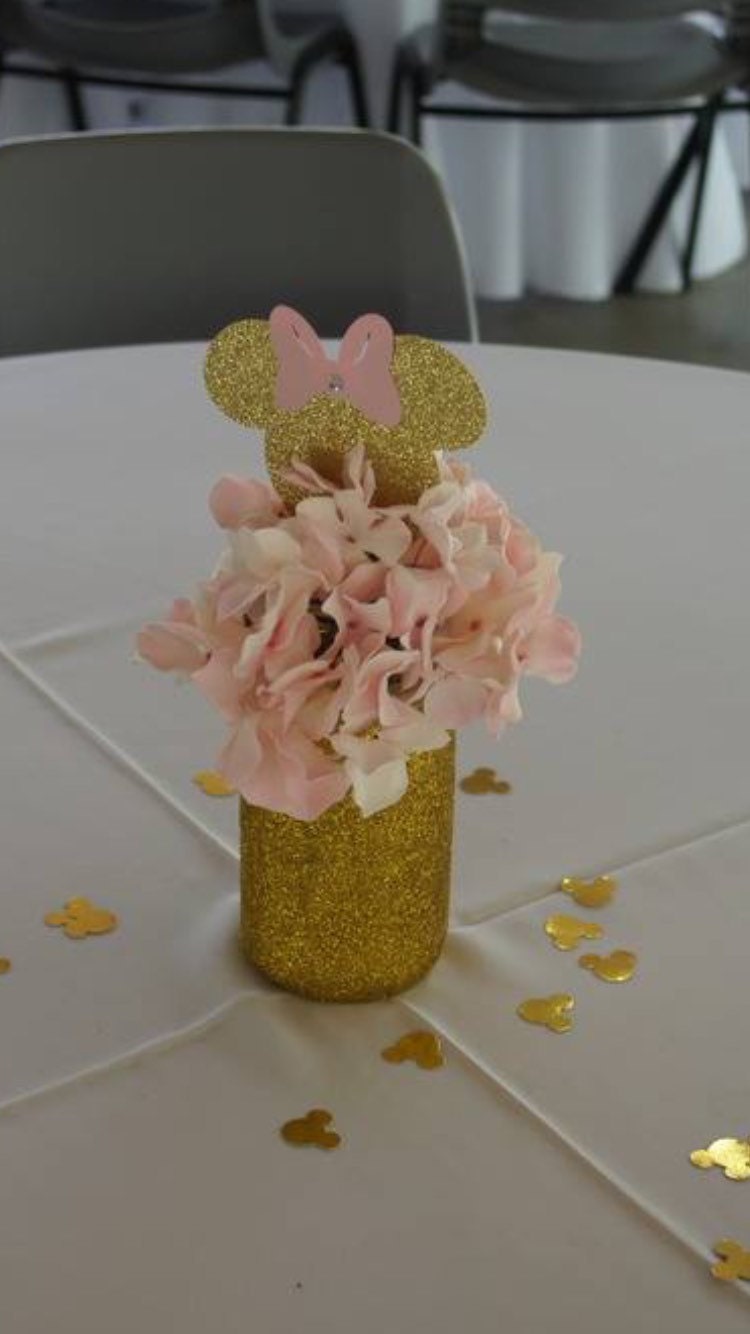 Pink Bow Centerpiece : Pink and gold glitter minnie inspired centerpiece